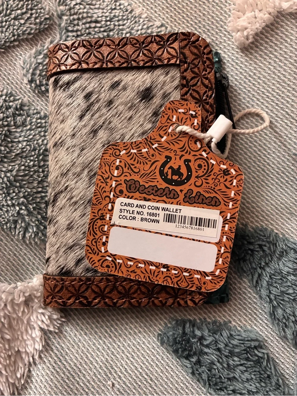 Genuine Leather Cowhide Zip Wallet in White & Brown